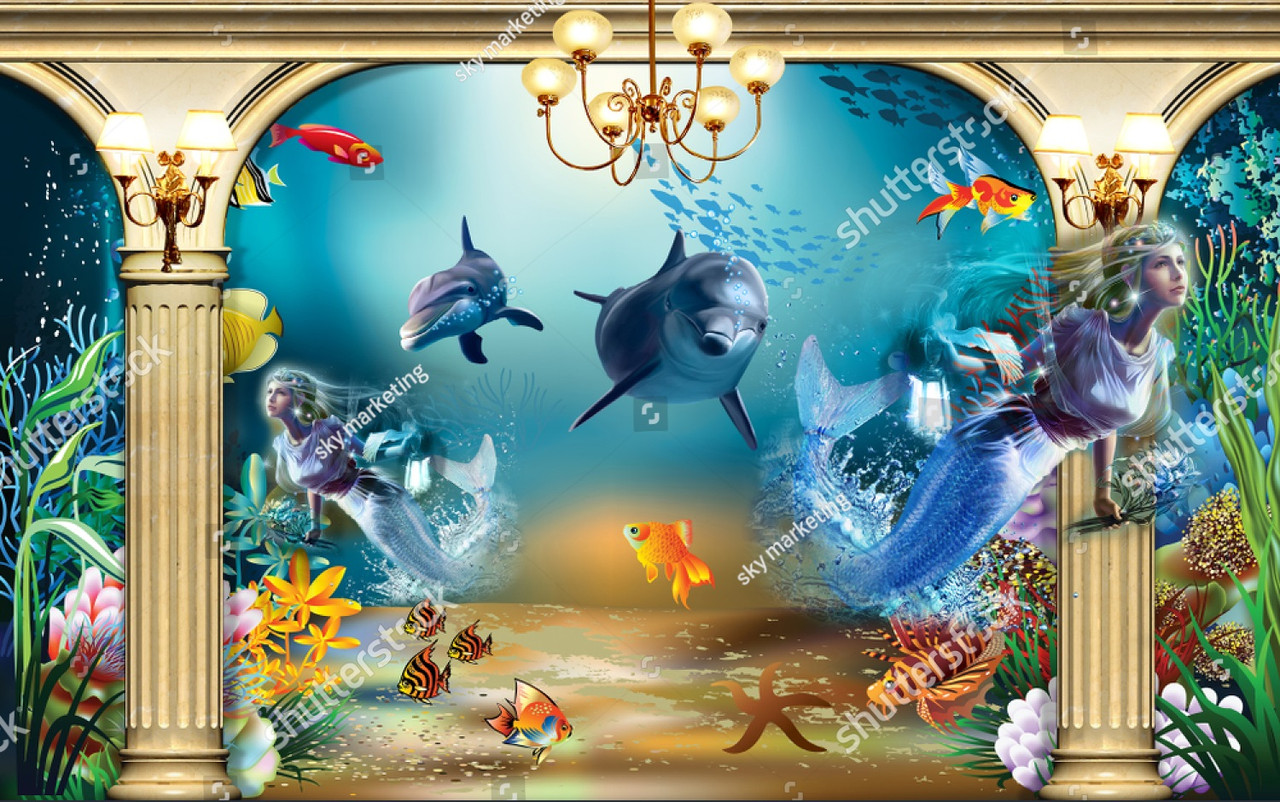 Детские фотообои с изображением русалок и дельфинов под водой.