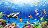 Детские фотообои с изображением черепахи, рыб под водой.