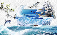 Детские фотообои с изображением дельфина, море, корабля и птиц