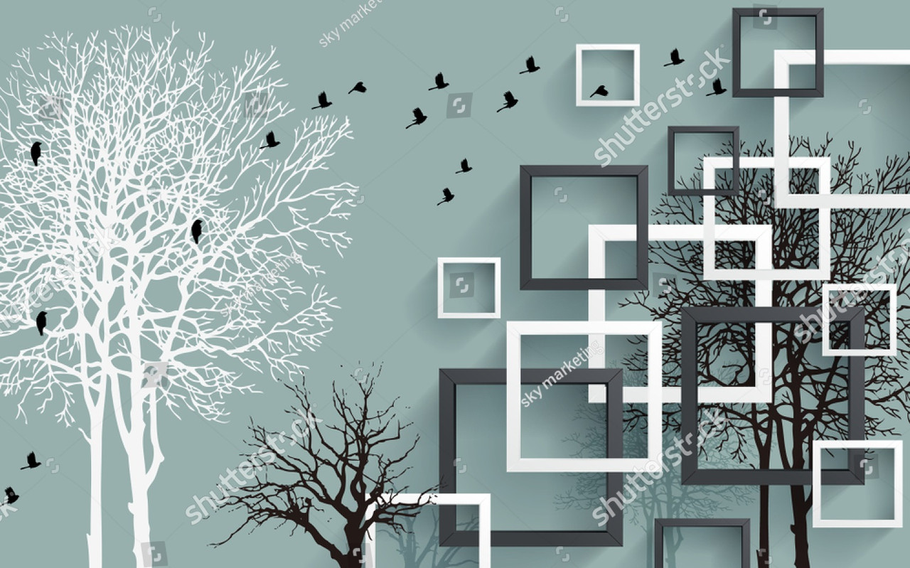 Декоративные фотообои с изображением деревьев, птиц и рамок