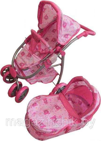 Кукольная коляска с люлькой-переноской Melobo 9662 с розовыми мишками - фото 1 - id-p5566975