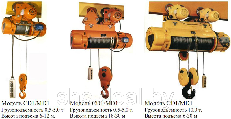 Тали электрические марки MD1 (две скорости подъема 8/0,8м/мин), г/п от 2,0 до 5,0 тн, высота подъема 6 метров,