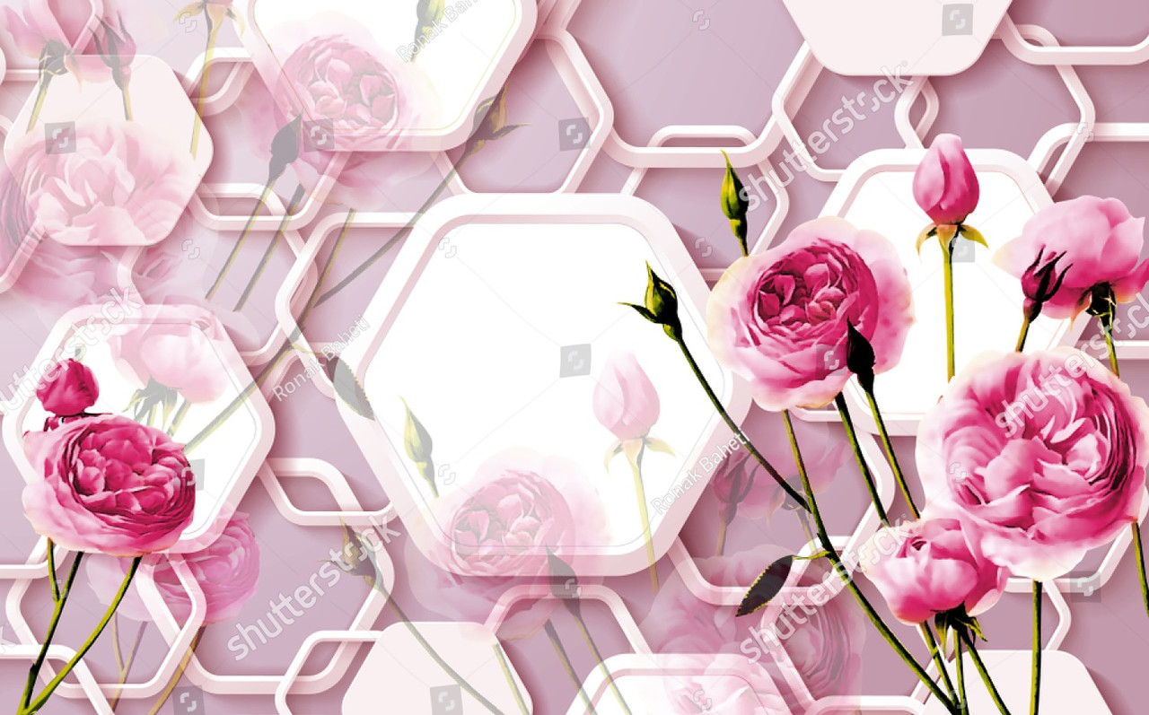 Декоративные фотообои с изображением цветов пион и шестиугольных фигур в бело-розовых тонах