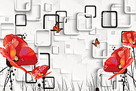 Декоративные фотообои с изображением квадратов и цветов мака в черно-красно-белых цветах