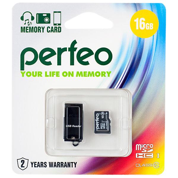 Карта памяти micro SDHC PERFEO 16GB Class 10 + USB microSD reader
