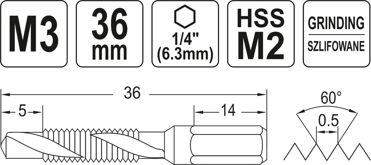 Сверло-метчик М3 HEX "Yato" YT-44840 - фото 4 - id-p103953402