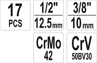 Головки для скрученных гаек 1/2" и 3/8" (набор 17пр.) Yato YT-06033, фото 2