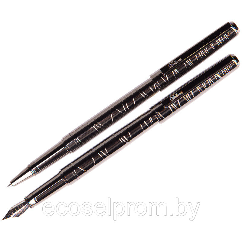 Набор Delucci "Mistico"ручка перьевая 0,8мм и ручка- роллер 0,6мм, черные, оруж, металл, подар. уп.,