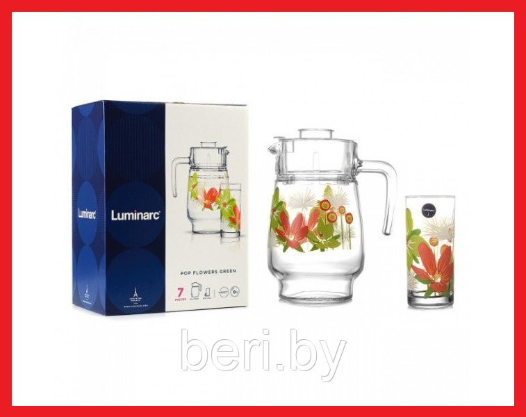 N5093 Набор стаканов с кувшином Luminarc Pop Flower Green, для напитков , 7 предметов, кувшин+6 стаканов - фото 2 - id-p104076095