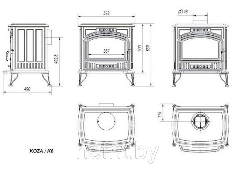 Печь-камин чугунный Kratki KOZA K6 (д.130, д. 150) - фото 2 - id-p104143590