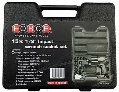 Пневмогайковерт Force 4142B (813 Нм) с набором головок (10-24 мм) 15 пр. 1/2"