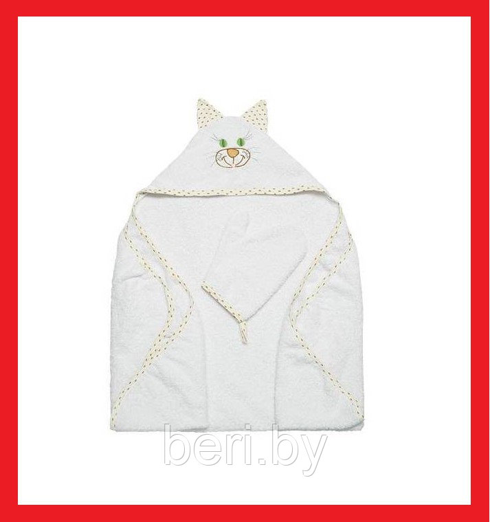 FE28061 Полотенце-уголок "Котик" с рукавичкой,  махровое полотенце с капюшоном, 100х100 см, Funecotex