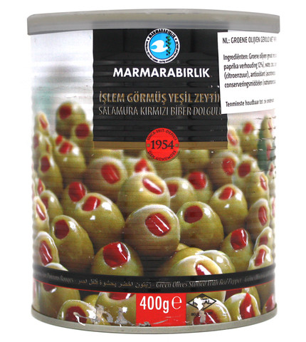 Оливки зеленые Marmarabirlik фаршированные перцем, 400 гр.(Турция)