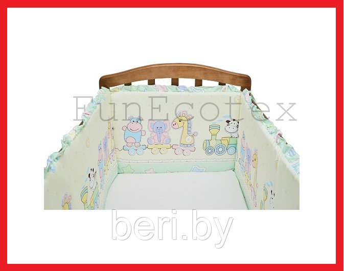 FE10147 Бортик защитный в кроватку на молнии "Веселый паровозик", 43х360 см, Фан Экотекс, Funecotex, зеленый