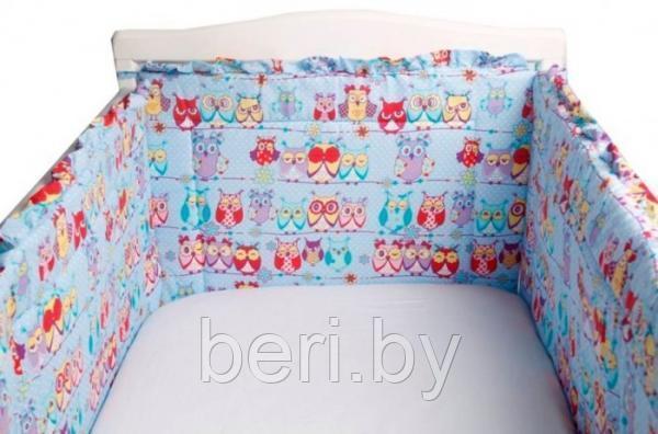 FE10130 Бортик защитный в кроватку "Совушки", 43х360 см, Фан Экотекс, Funecotex, голубой