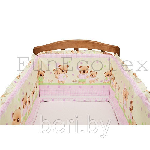FE10142 Бортик защитный в кроватку на молнии "Мишутка и зайка", 43х360 см, Фан Экотекс, Funecotex, розовый