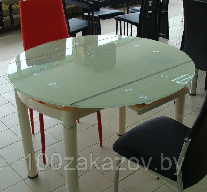 Стеклянный раздвижной стол 595*980. Обеденный стол трансформер 6069-2 белый с цветами - фото 3 - id-p5794906