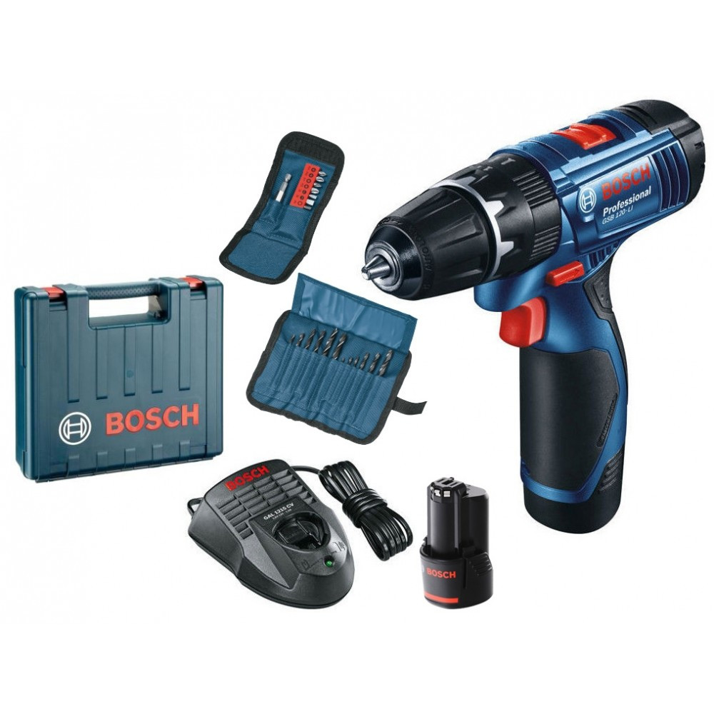 Дрель- шуруповерт аккум BOSCH GSB 120-LI+11 бит+12 сверел