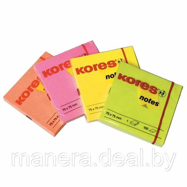 Бумага для записей на клейкой основе 75х75 KORES, желтый, зеленый, оранжевый, розовый