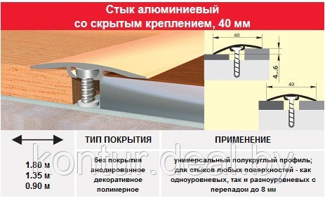 Порог- стык 40 мм, 1.80м (скрытое крепление) цвет: серебро, золото - фото 1 - id-p105761351