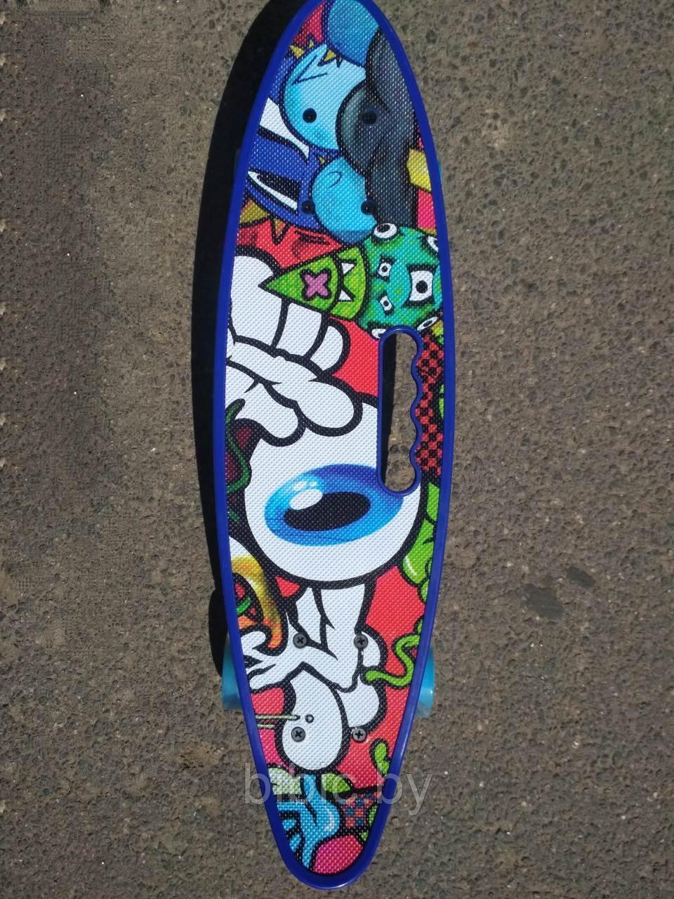 Пенни борд Penny board / скейт с принтом, светящимися колёсами и ручкой Синий