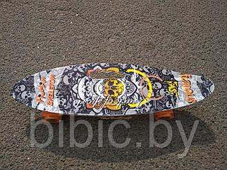 Пенни борд Penny board / скейт с принтом, светящимися колёсами и ручкой Череп