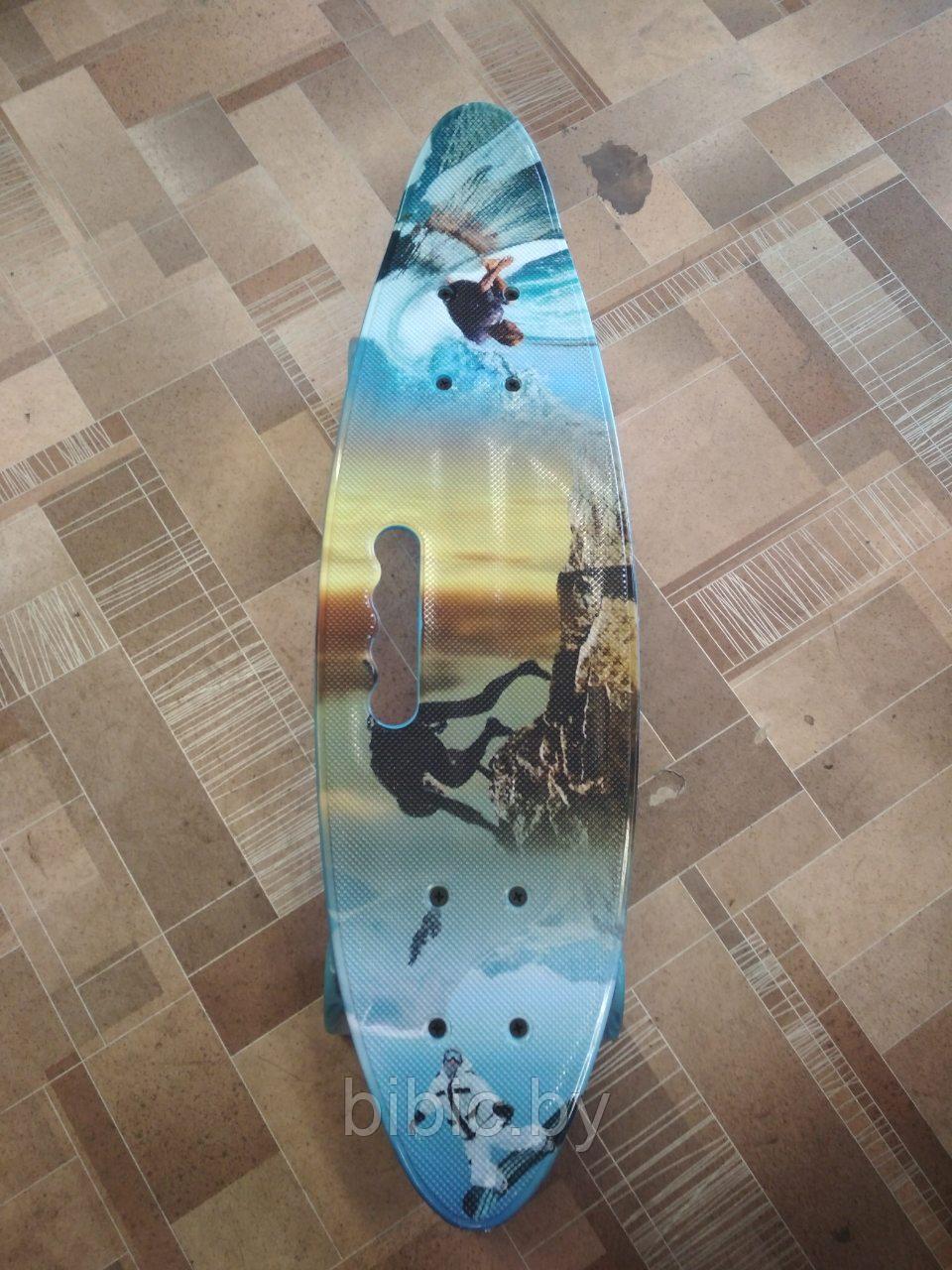 Пенни борд Penny board / скейт с принтом, светящимися колёсами и ручкой Экстрим