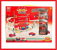 59974 Паркинг "Пожарная станция", 3-х уровневый, 4 машинки, 1 вертолет, спуски, свет и звук, игровой набор