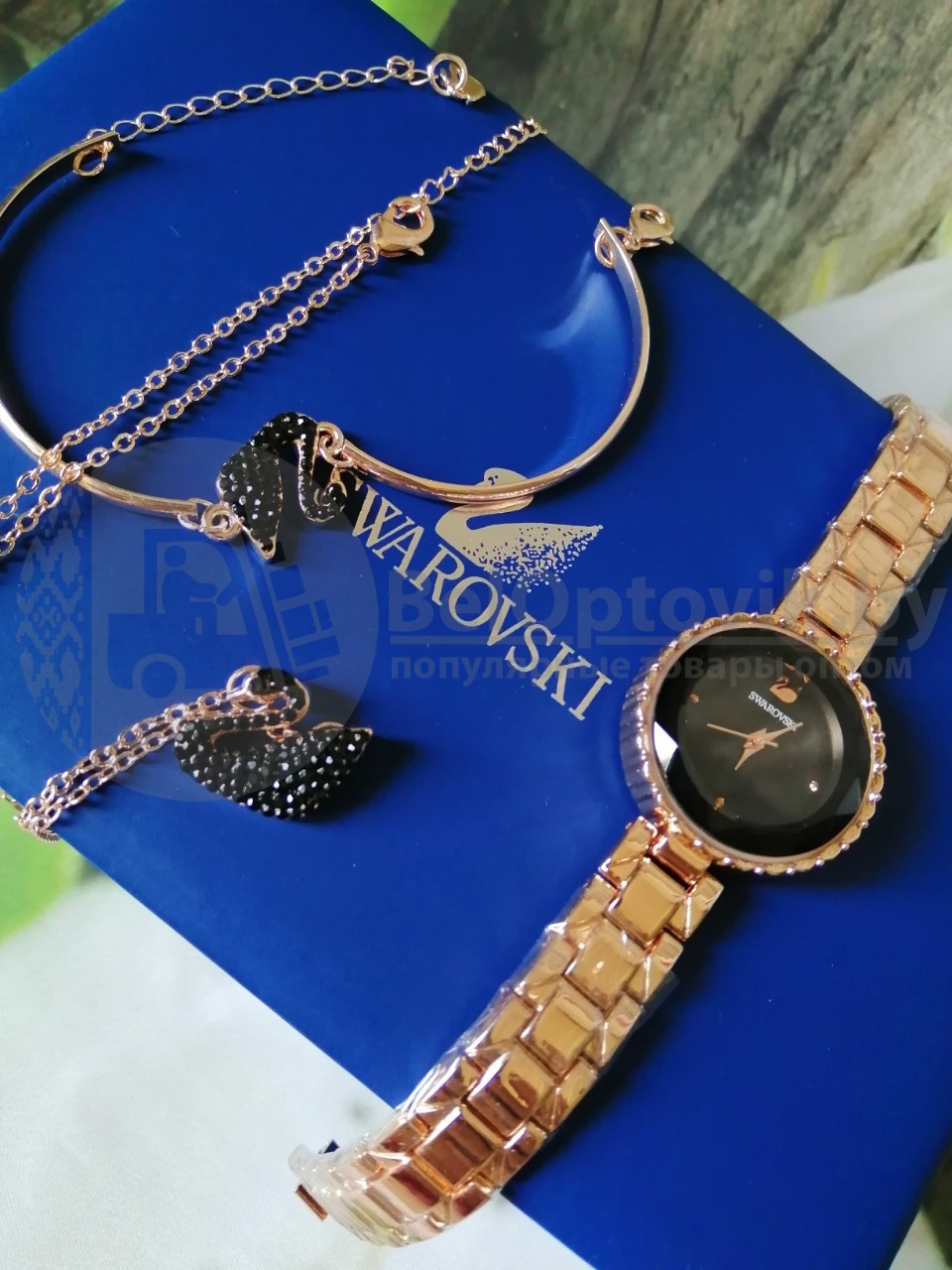 Комплект Swarovski (Часы, кулон, браслет) Золото с белым - фото 2 - id-p106152994
