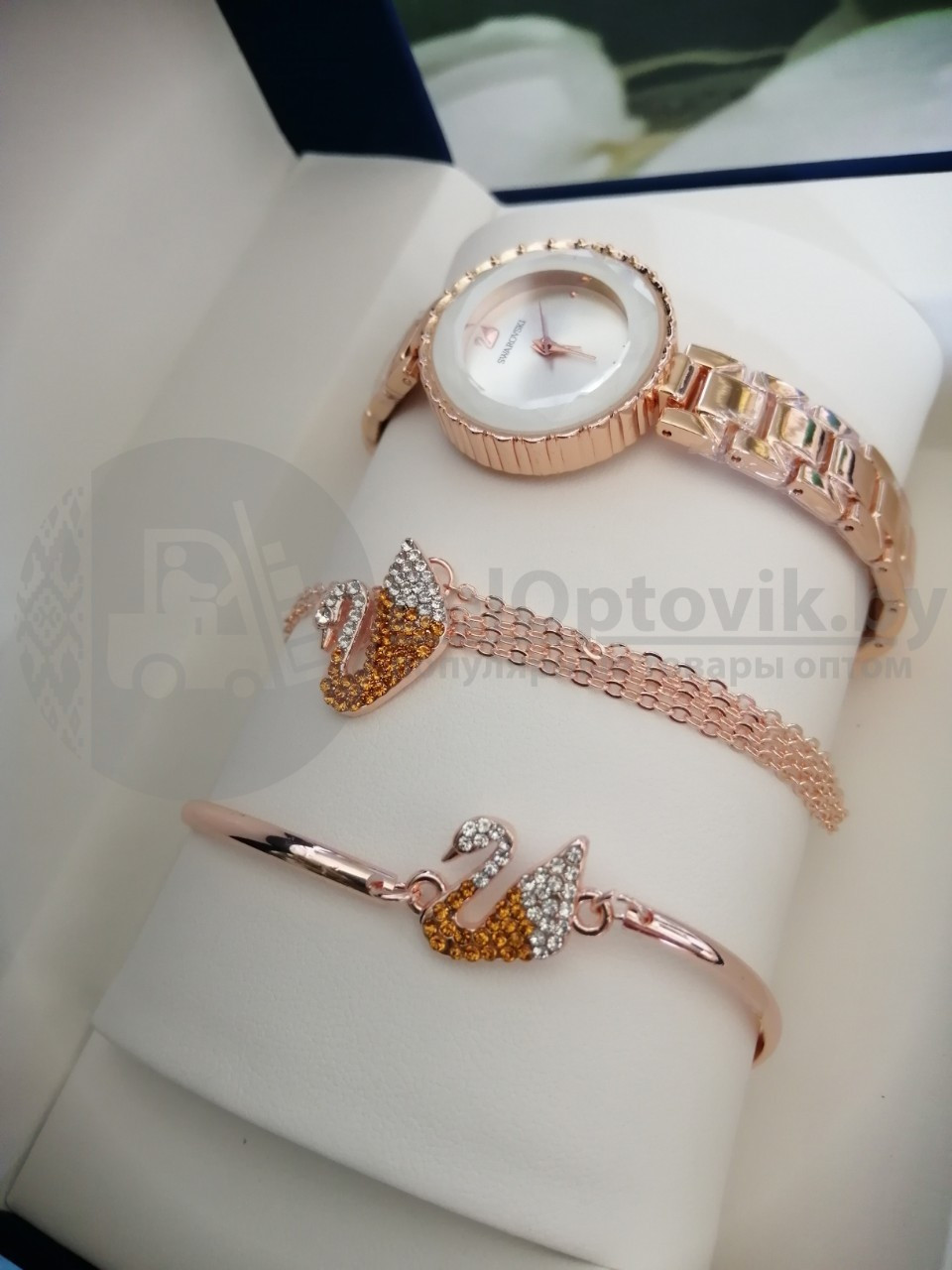 Комплект Swarovski (Часы, кулон, браслет) Золото с белым - фото 5 - id-p106152994