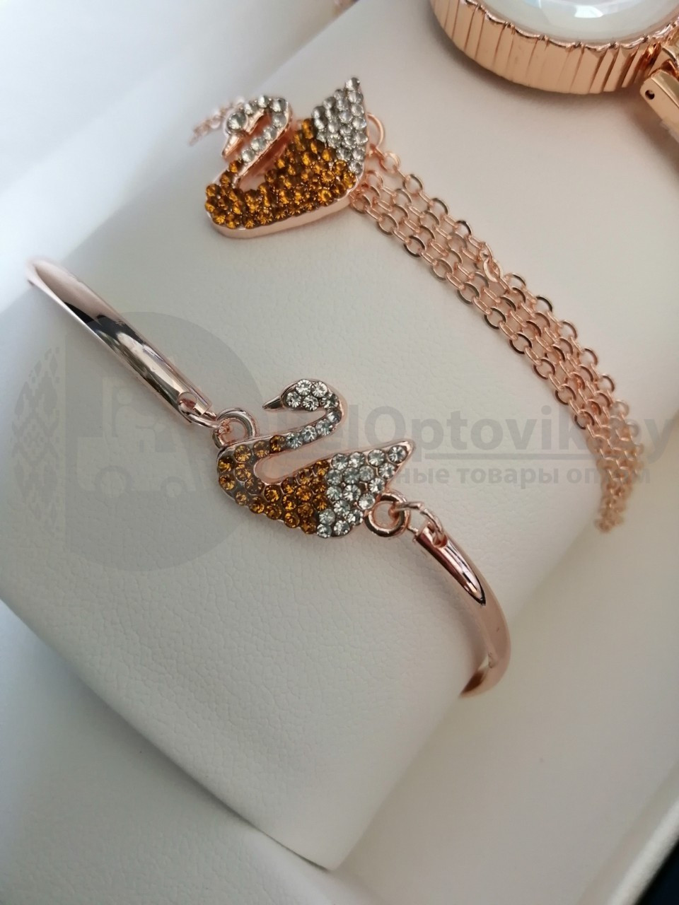Комплект Swarovski (Часы, кулон, браслет) Золото с белым - фото 10 - id-p106152994