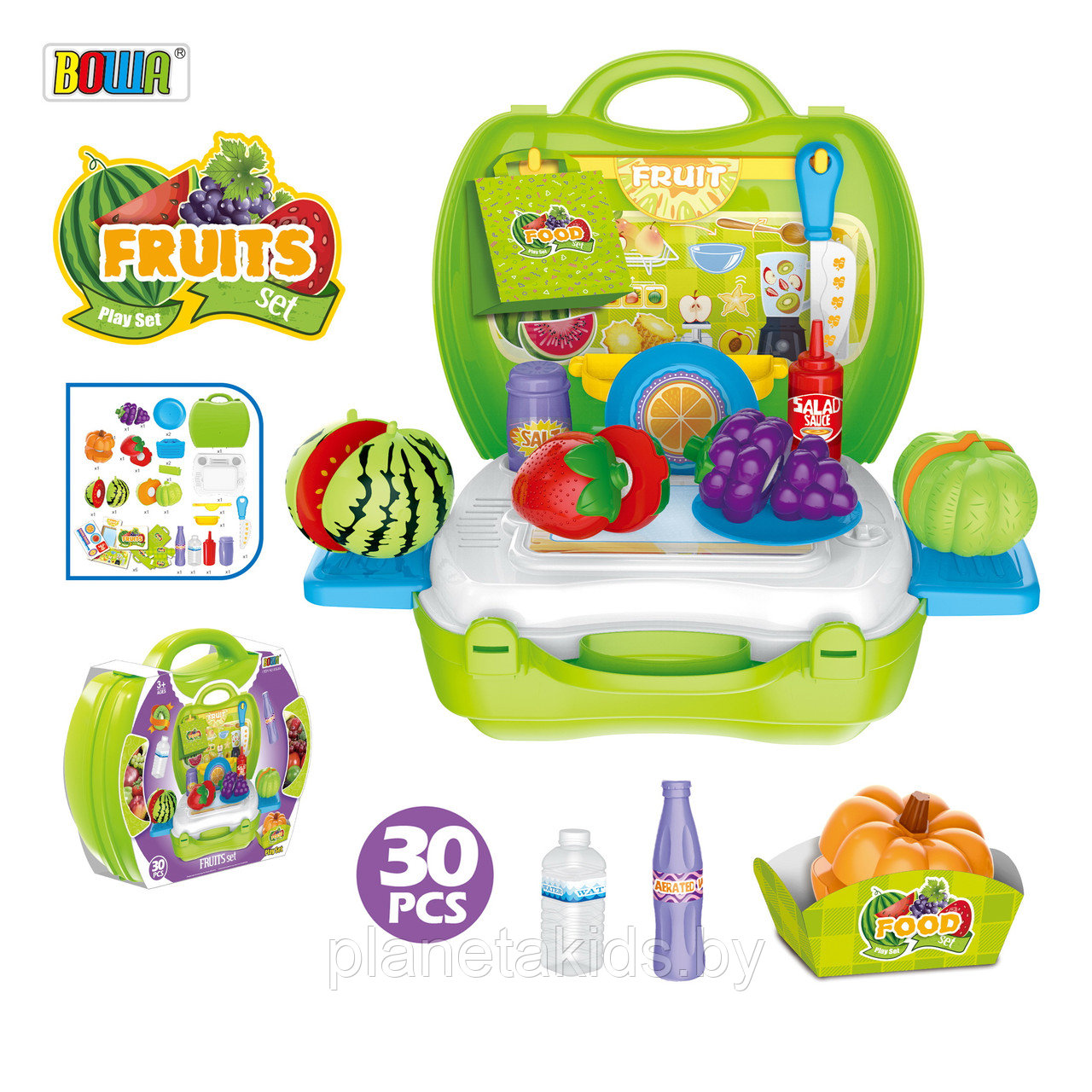 Игровой кухонный набор в чемодане, фрукты/овощи на липучках, 30 элементов, арт. 8348A