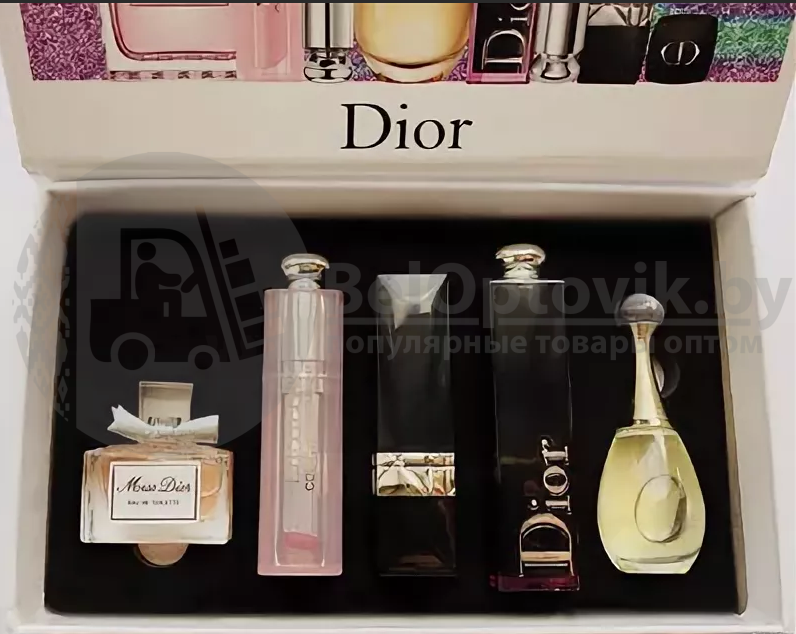 Подарочный набор Dior 5 в 1 (2 флакона духов, 2 оттенка помад, 1 объемный блеск для губ) - фото 2 - id-p93849469