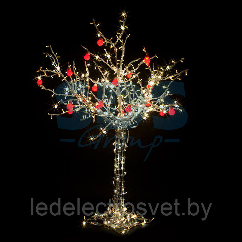 Светодиодное дерево "Яблоня", высота 1.2м, 8 красных яблок, ТЕПЛЫЙ БЕЛЫЙ светодиоды, IP 54, понижающий - фото 1 - id-p106809467