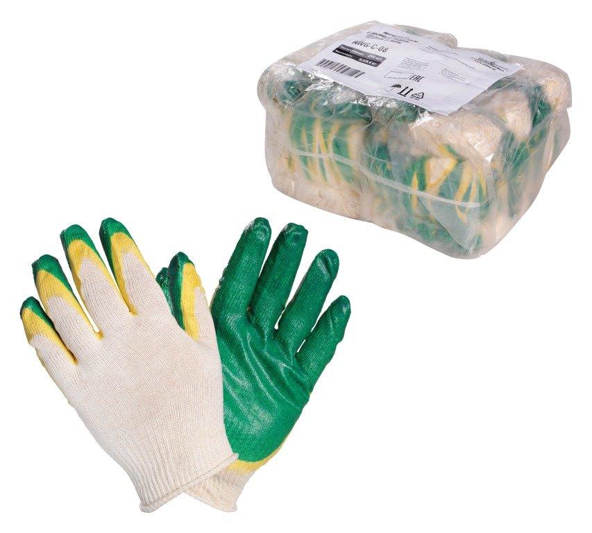 Перчатки ХБ с двойным латексным покрытием ладони, зеленые (1 пара) (AWG-C-08) - фото 1 - id-p103797024