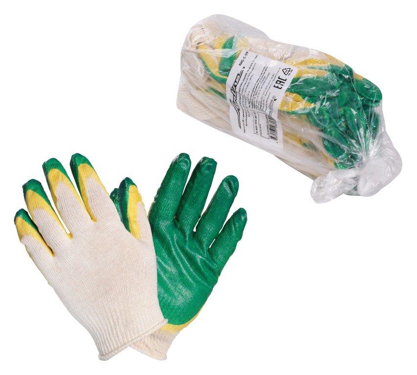 Перчатки ХБ с двойным латексным покрытием ладони, зеленые (5 пар) (AWG-C-09)