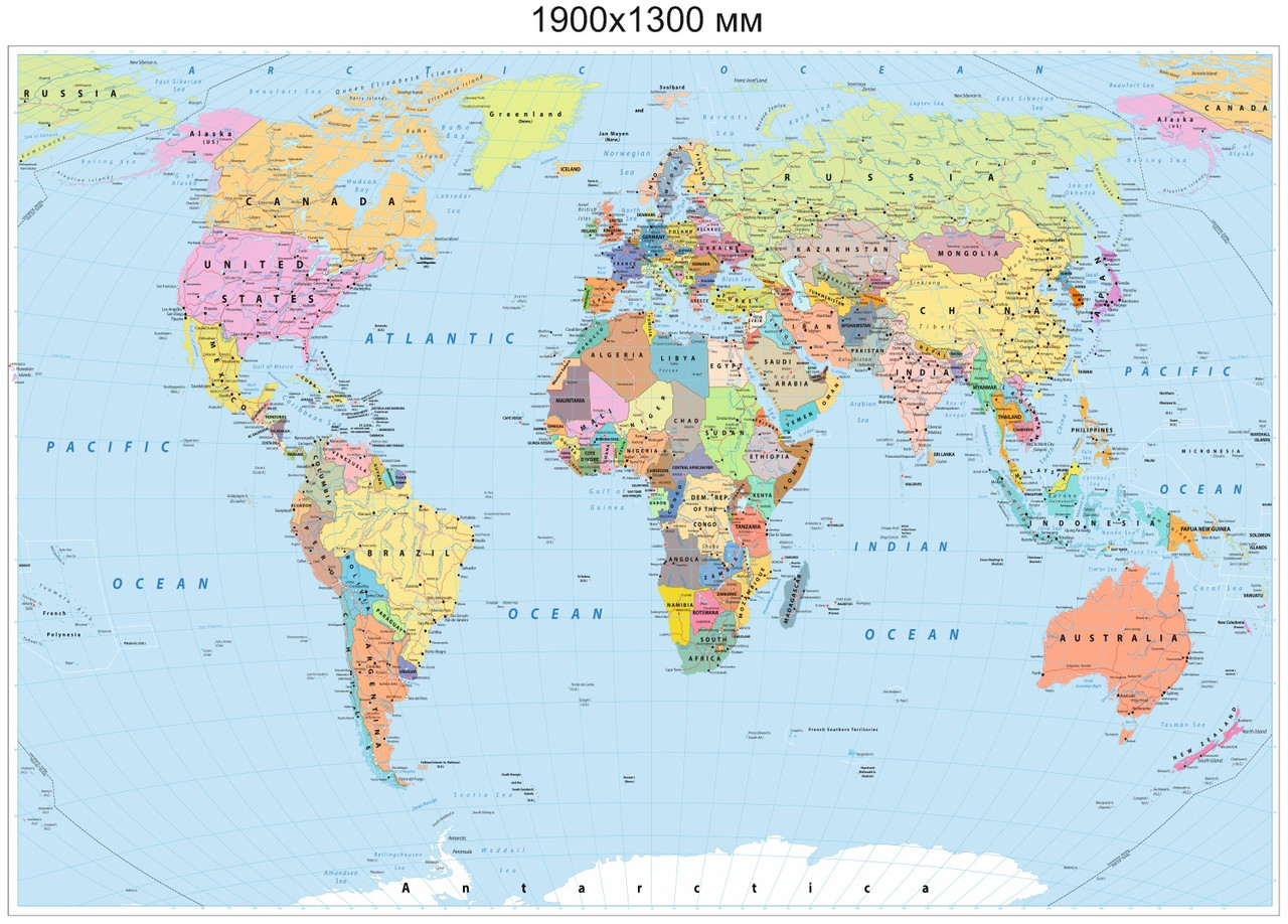 Политическая карта мира 1900 х 1300 мм на баннерном виниле, на английском языке