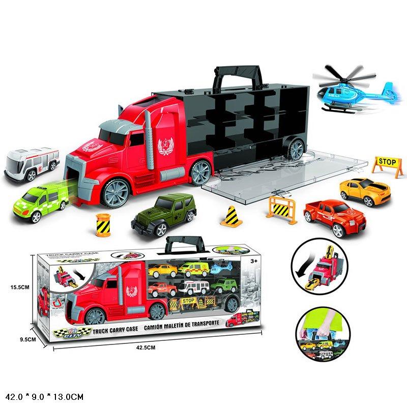 Фура, автовоз, трейлер 666-01K, грузовик с машинками 6 шт, дорожные знаки, игровой набор v - фото 1 - id-p107108168