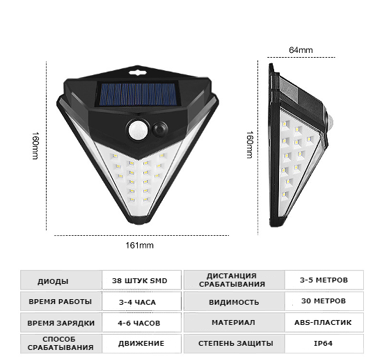 Светильник. Солнечная панель. 38 диодов. Датчик движения - фото 5 - id-p107125318