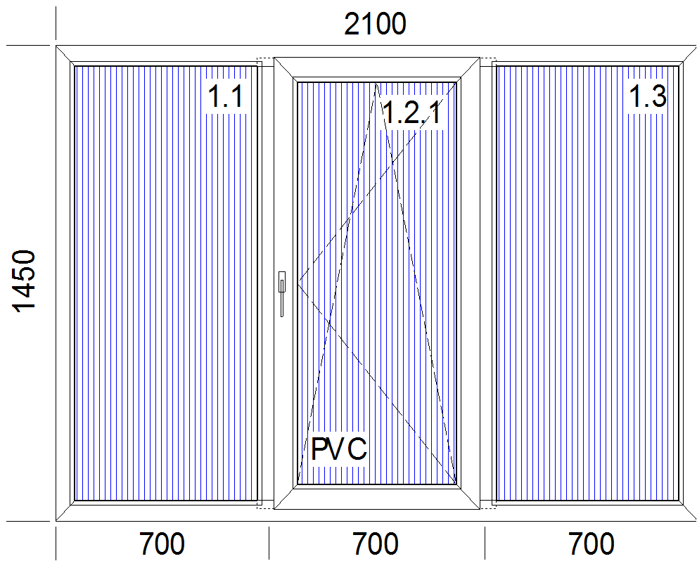 Евроокно 2100 х 1450 с тремя створками (одна поворотно-откидная)