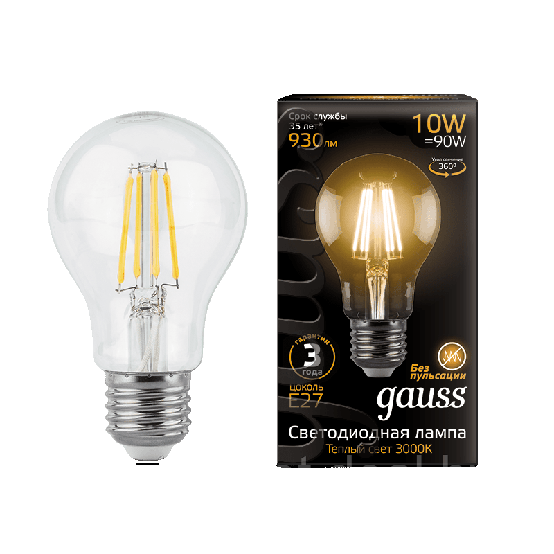 Лампа Gauss LED Filament A60 E27 10W 2700К - фото 1 - id-p107687381