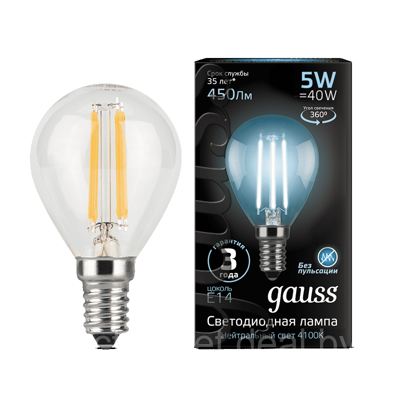 Лампа Gauss LED Filament Globe E14 5W 4100K - фото 1 - id-p107687721