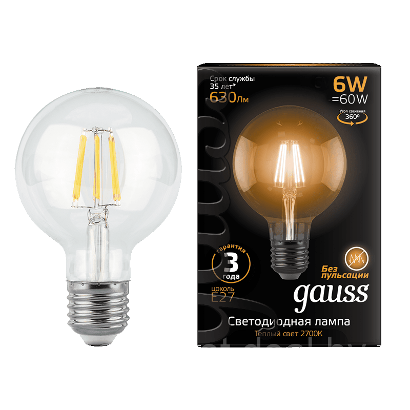 Лампа Gauss LED Filament G95 E27 6W 2700K - фото 1 - id-p107687898