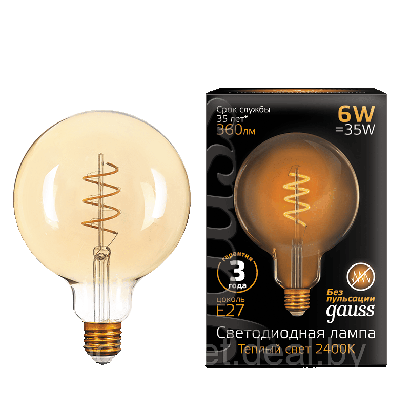 Лампа Gauss LED Filament G120 Flexible E27 6W Golden 2400К - фото 1 - id-p107688179