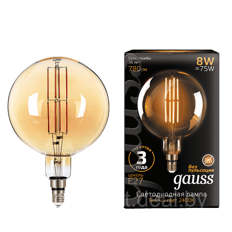 Лампа Gauss LED Vintage Filament G200 8W E27 200*300mm Golden 2400K - фото 1 - id-p107688573