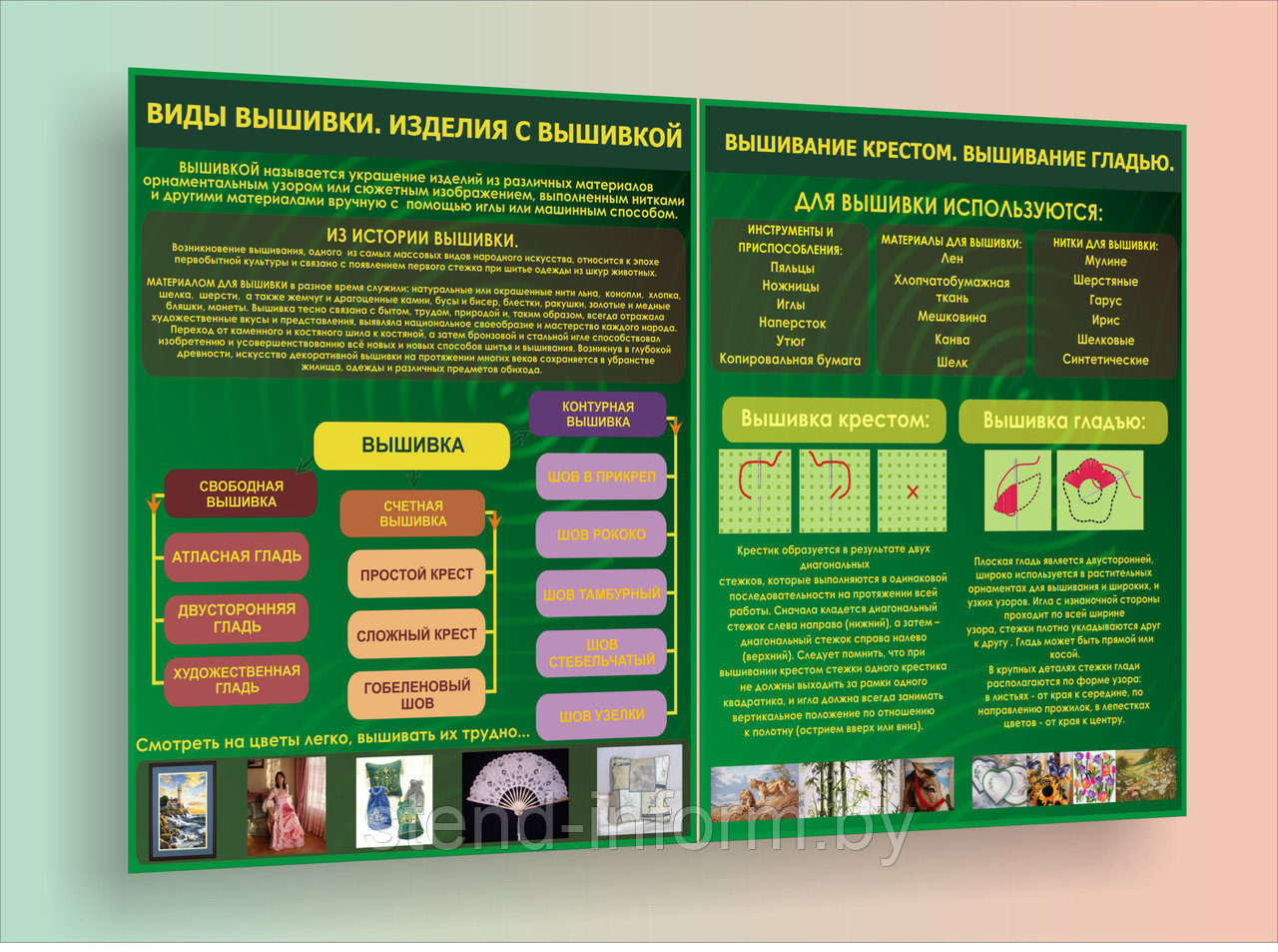 Стенды в кабинет труда "Виды вышивки. Вышивание крестом, гладью" р-р 150*100 см