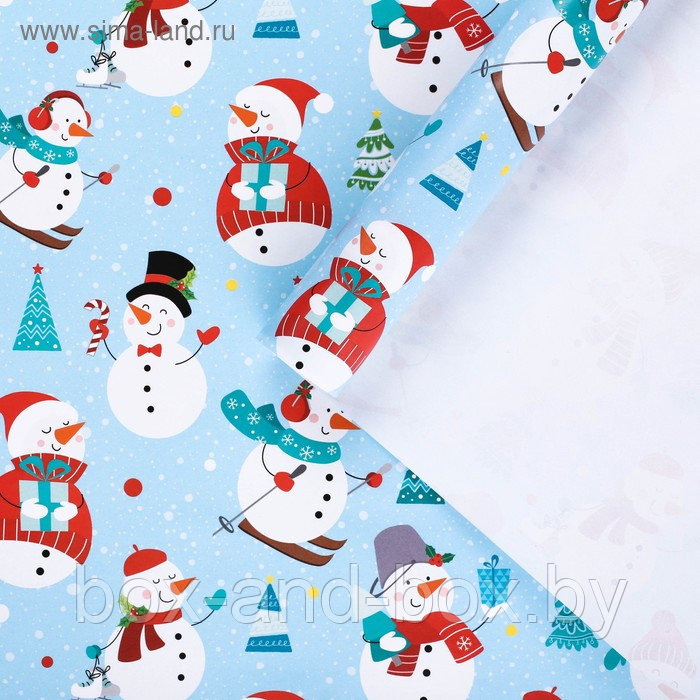 Бумага упаковочная глянцевая «Снеговики», 70 × 100 см - фото 1 - id-p107881305