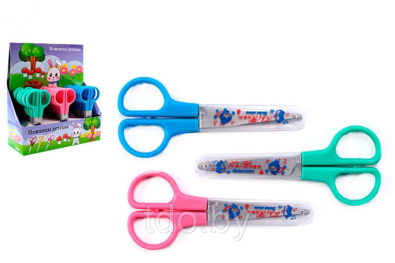 Ножницы: детские в чехле, с пластиковыми ручками, длина ножниц 12,0 см, лезвие 4,5 см, в дисплее, 3 цвета - фото 3 - id-p107242103