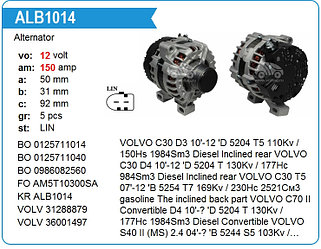 Генератор ALB1014WA Volvo