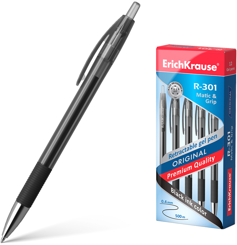 Ручка гелевая ErichKrause R-301 Original Gel Matic&Grip чёрная (цена с НДС)
